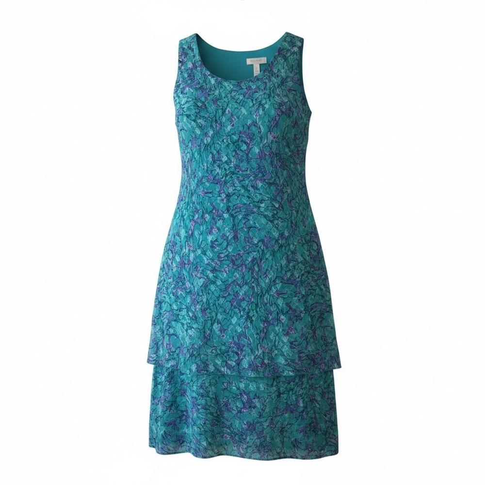 VTG Patra Dress Blue Water-Color Metallic Threading Tiered Size 18 Fairy 80s 90s